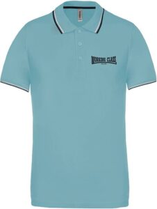 Working Class Records polo azul cielo rayas blanca azul marino bordado