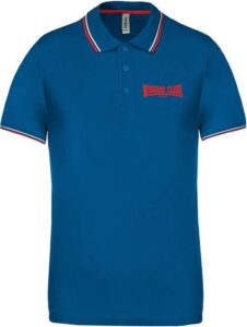 Working Class Records polo azul rayas blanca roja bordado