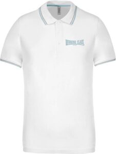 Working Class Records polo blanco rayas gris azul bordado