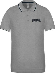 Working Class Records polo gris rayas blanca negra bordado