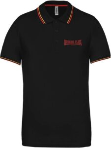 Working Class Records polo negro rayas amarilla roja bordado