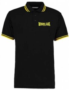 Working Class Records polo negro rayas amarillas bordado